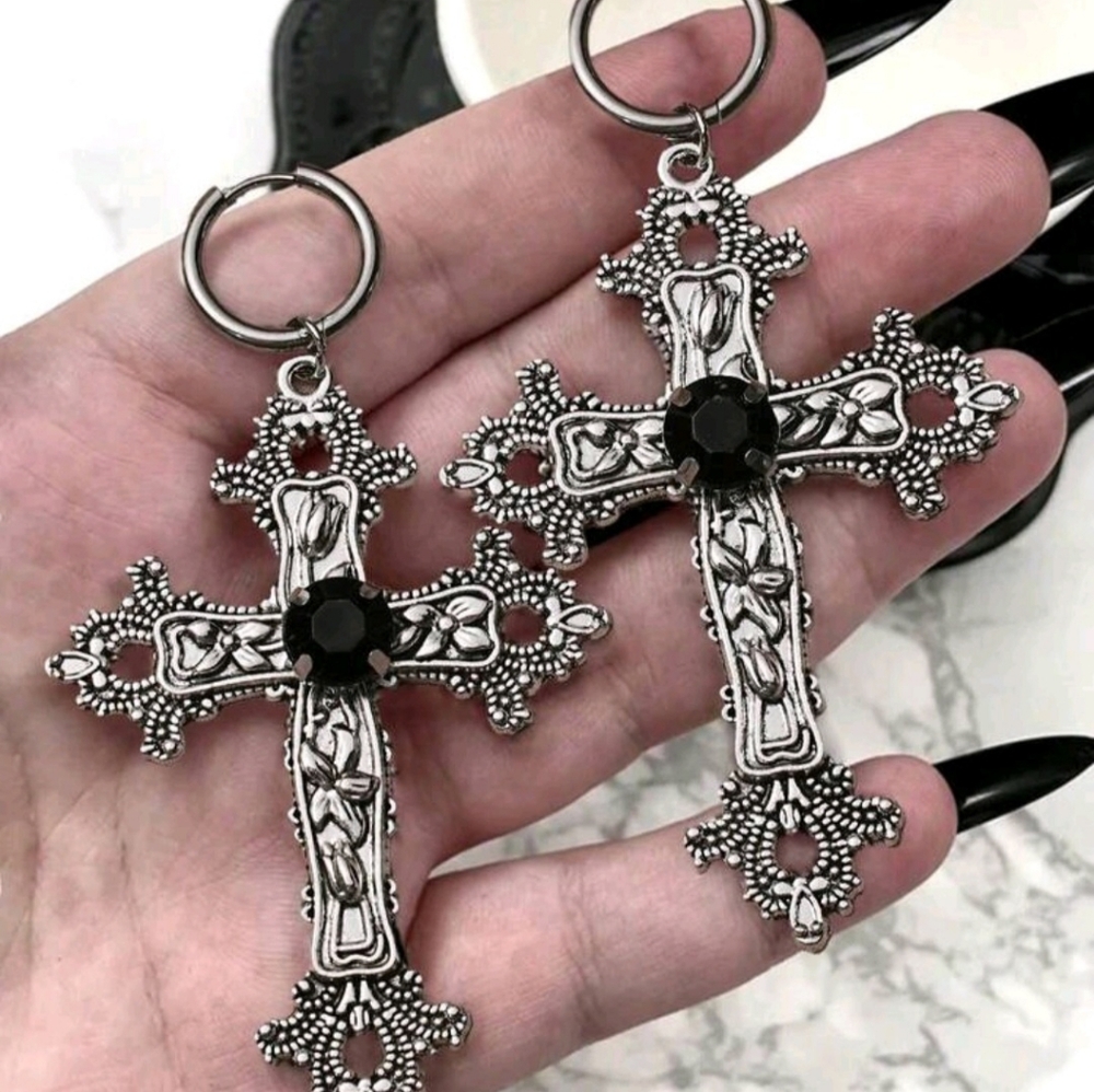 Intricate Antique Silver Tone Embossed Cross Dangle Drop Earrings New!